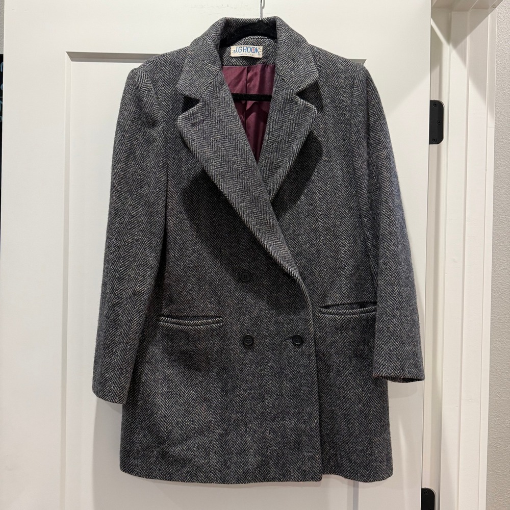 Dark Academia Vintage 80s J.G. Hook Wool Herringbone Double Breasted Coat M USA